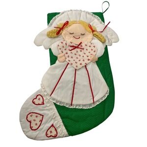 Vintage Quilted Christmas Stocking Angel w Hearts Stitched Red White‎ Green